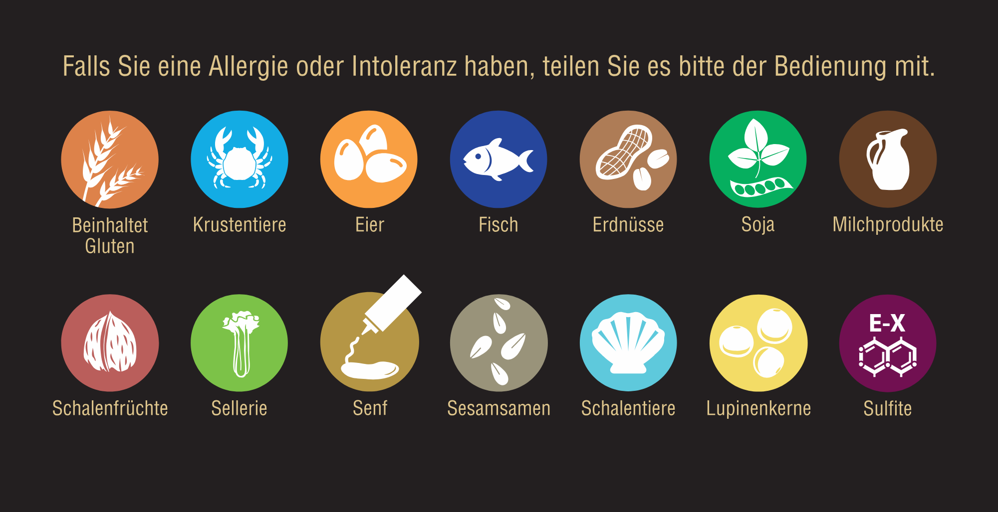 Allergen-Symbole: Gluten, Krebstiere, Eier, Fisch, Erdnüsse, Soja, Milch, Schalenfrüchte, Sellerie, Senf, Sesamsamen, Weichtiere, Lupinen, Sulfite