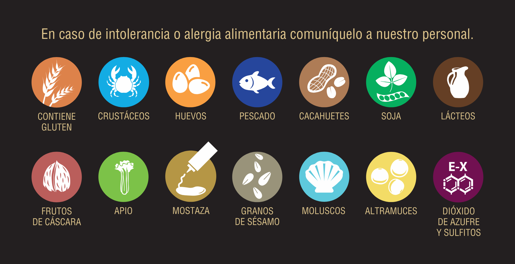 Iconos de Alérgenos: Gluten, Crustáceos, Huevos, Pescado, Cacahuetes, Soja, Lácteos, Frutos de Cáscara, Apio, Mostaza, Granos de Sésamo, Moluscos, Altramuces, Sulfitos