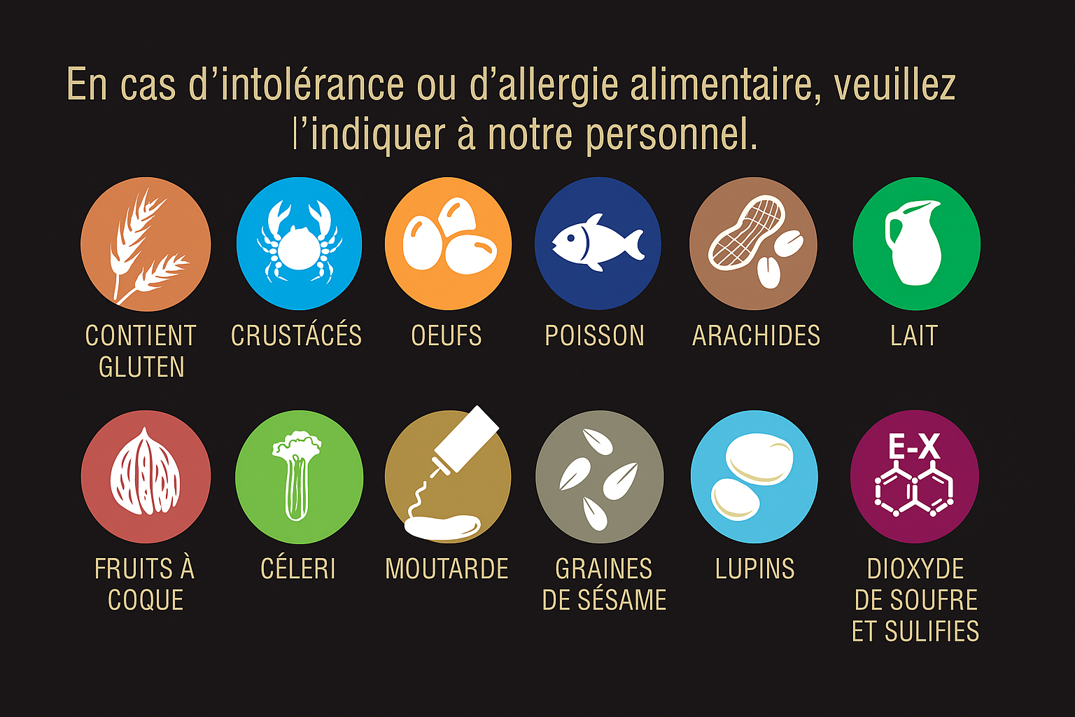Icônes d'Allergènes: Gluten, Crustacés, Œufs, Poisson, Arachides, Soja, Produits Laitiers, Fruits à Coque, Céleri, Moutarde, Graines de Sésame, Mollusques, Lupin, Sulfites