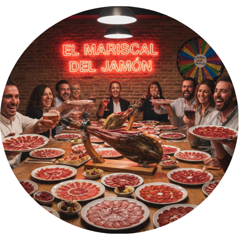 Amigo compartiendo y comiendo productos ibéricos